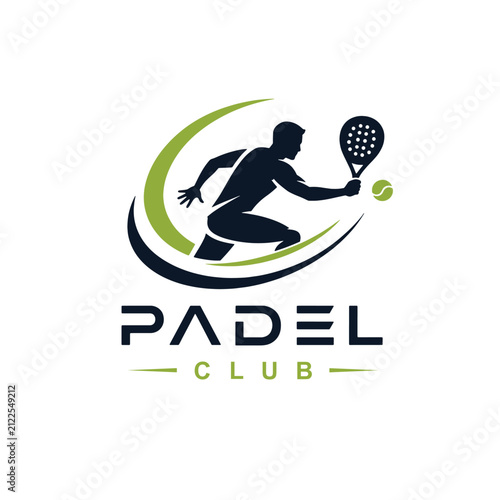 Male Padel Player Silhouette with Moving Ball Logo. Dynamic Sports Vector Emblem for Clubs, Courts, Shops and Apparel.