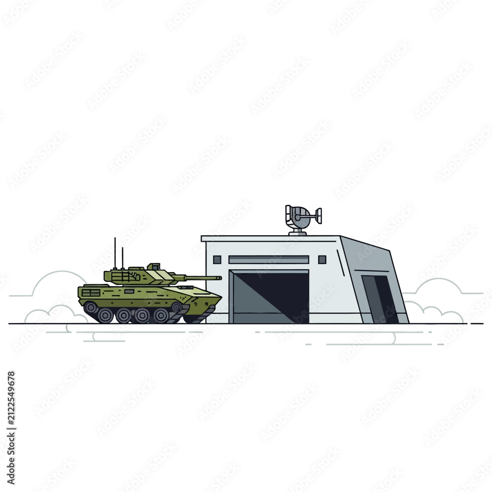 Obraz premium Military Tank Outside Modern Hangar Building with Surveillance Camera