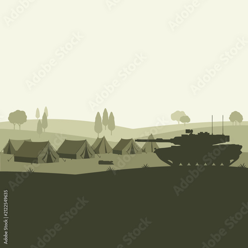 Military tank parked near army tents in a serene landscape, flat design illustration