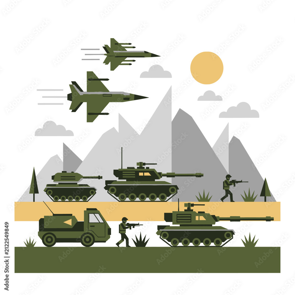 Obraz premium Military Tank, Jet Fighter, Soldier, Truck, Mountains, Flat Design
