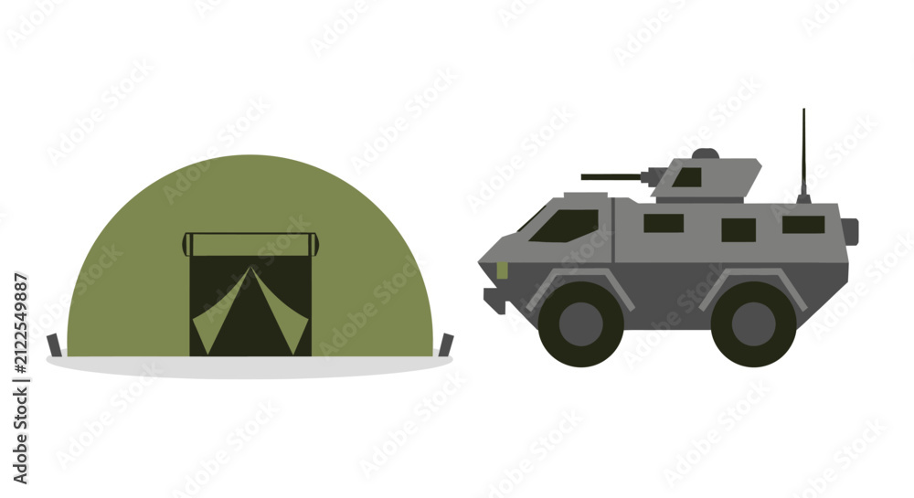Obraz premium Military tent and armored vehicle illustration on white