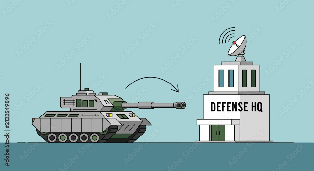 Obraz premium Military tank targeting defense headquarters, conceptual illustration.