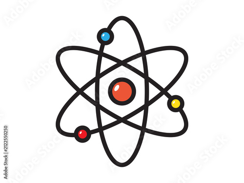 This illustration features a simple graphic of the Bohr atomic model structure, rendered in a cartoon or minimalist vector style.