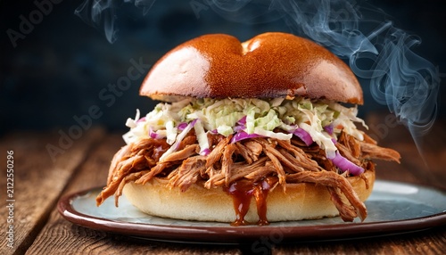 juicy pulled pork sandwich with coleslaw dripping barbecue sauce soft brioche bun smoky background