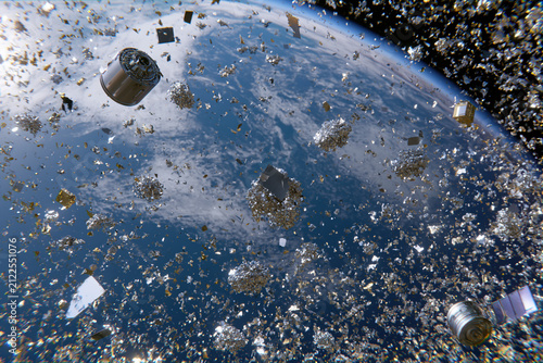 Space debris orbiting Earth with scattered fragments and satellites creating hazardous environment in low Earth orbit, highlighting space pollution and orbital clutter