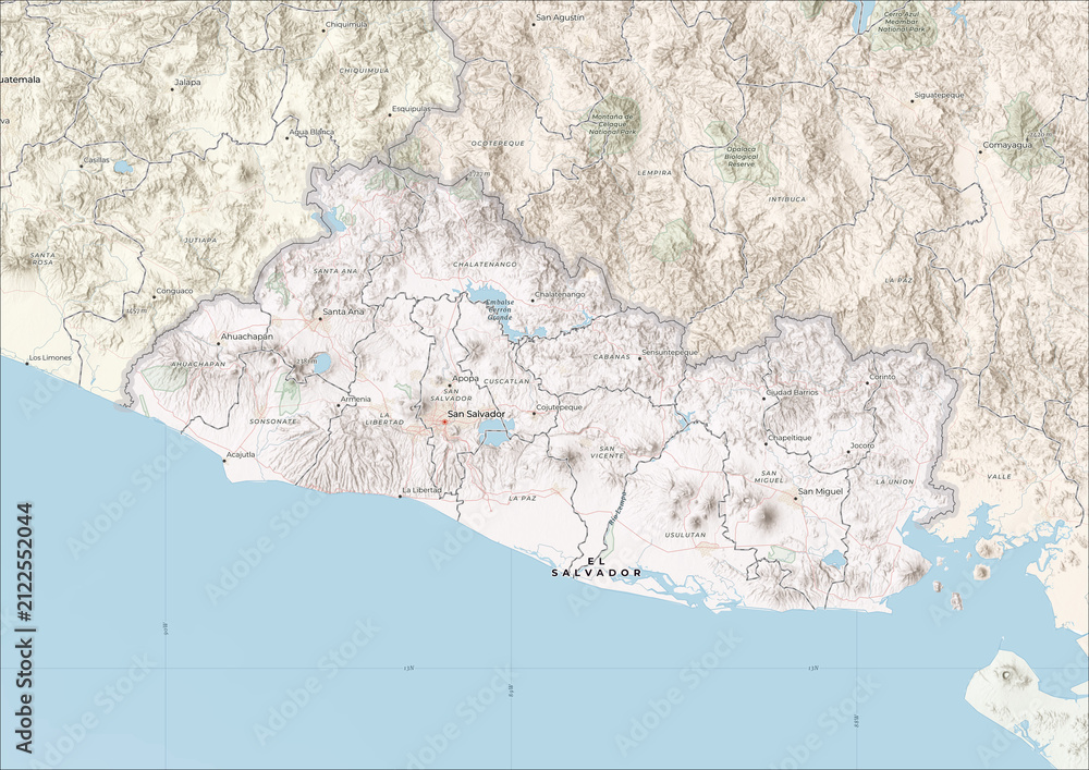 Fototapeta premium Highly Detailed Political and Physical Map of El Salvador with Shaded Relief and Neighboring Countries