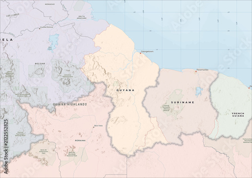 Fotografie Highly Detailed Political and Physical Map of Guyana with Shaded Relief and Neig