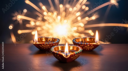 Happy Diwali Three lit clay diya lamps centered before brilliant golden sparkler fireworks display on dark background for Diwali celebration