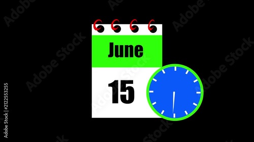 June month 15 date calendar icon animation. Animated Calendar Icon Showing Date Change with Clock Symbol Appointment Scheduling and Deadlines. Modern design calendar symbol background 4k video.
