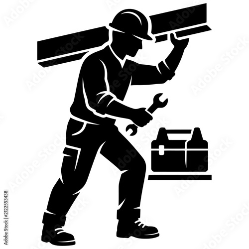 construction worker carrying a metal beam and wrench ready for skilled labor in industrial building and maintenance services.