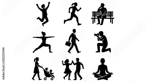 diverse people engaged in human activities showcasing various lifestyle actions as black silhouette icons for design versatility.