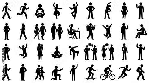diverse people figures illustrating various human actions and daily activities from walking to working in simple stick figure art.