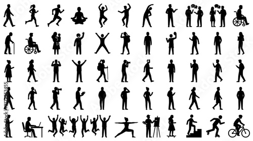 diverse people poses and human activity illustrated in a vector collection of lifestyle icons and people silhouettes