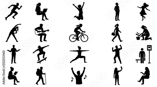 diverse people silhouettes engaged in various daily lifestyle activities and hobbies illustrating modern life and human actions