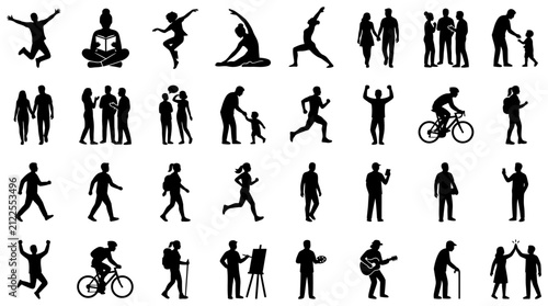 diverse people silhouettes showcasing human activity and daily life representing various lifestyles ages and community interaction.