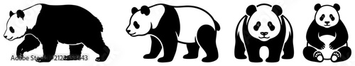 Giant panda bear in various poses including walking and sitting in silhouette style