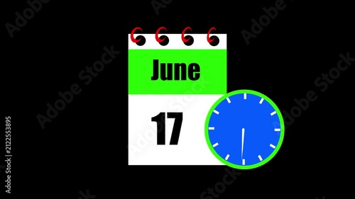 June month 17 date calendar icon animation. Animated Calendar Icon Showing Date Change with Clock Symbol Appointment Scheduling and Deadlines. Modern design calendar symbol background 4k video.