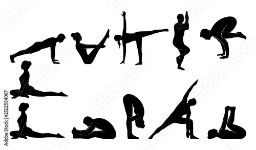 Konstfotografi Advanced Yoga Poses Silhouette Set Showing Balance Stretching And Flexibility Po