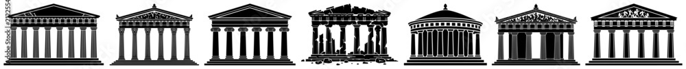 Fototapeta premium Ancient Greek and Roman temples with classical columns and pediments in architectural silhouette style