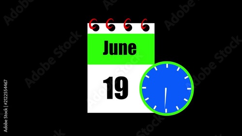 June month 19 date calendar icon animation. Animated Calendar Icon Showing Date Change with Clock Symbol Appointment Scheduling and Deadlines. Modern design calendar symbol background 4k video.