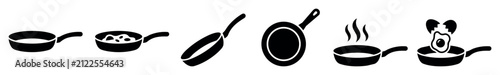 Cooking and frying pan icon set with kitchen cookware silhouette illustrations of frying pans, skillets, sauté pans, eggs and food in flat design