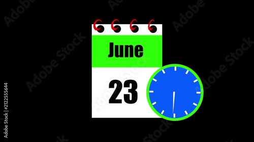 June month 23 date calendar icon animation. Animated Calendar Icon Showing Date Change with Clock Symbol Appointment Scheduling and Deadlines. Modern design calendar symbol background 4k video.
