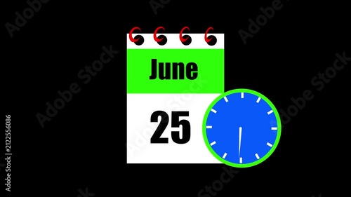 June month 25 date calendar icon animation. Animated Calendar Icon Showing Date Change with Clock Symbol Appointment Scheduling and Deadlines. Modern design calendar symbol background 4k video.