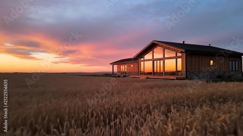Modern wooden house in a golden wheat field at sunset