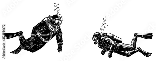 Scuba divers underwater vector illustration, deep sea diving professional equipment, man swimming under water silhouette set