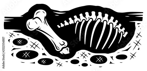 Konstfotografi Dinosaur fossil skeleton in ground vector illustration, prehistoric bone remains