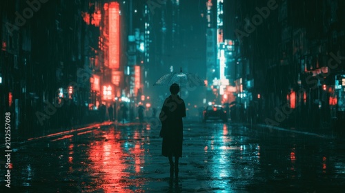Lone figure with umbrella walks on wet street reflecting neon lights at night rainy urban cityscape