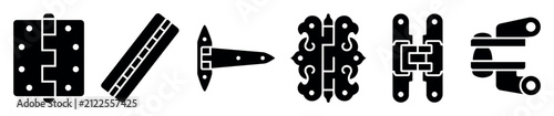 Illustrations of different types of door hinges and hardware in black silhouette style, including standard, strap, decorative, and gate hinges with mounting holes