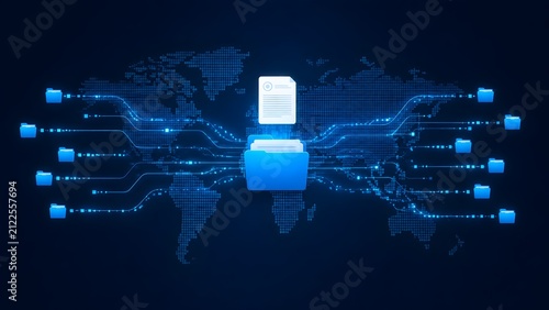 Futuristic cyber network illustrating global data exchange and document transfer over a blue world map