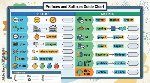 Educational chart for english prefixes and suffixes with icons