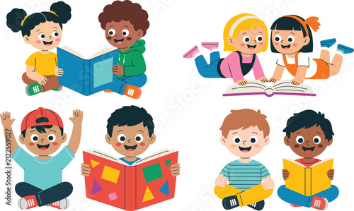 Cute Kindergarten Kids Reading Books Vector Set with Diverse School Children, Toddlers, and Friends Learning Together for Preschool Graphic Designs