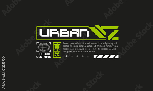 Futuristic streetwear typography badge vector. Editable cyberpunk tech logo label for apparel branding, fashion graphics, Y2K aesthetic and urban clothing collections