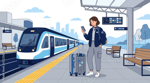 Woman with luggage at train station, waiting for travel on platform