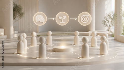 Abstract Figures in Circle Representing Business Growth Process from Communication to Goal Achievement