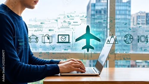 Online travel booking system concept showing man using laptop with flight hotel and car rental icons for digital tourism marketing