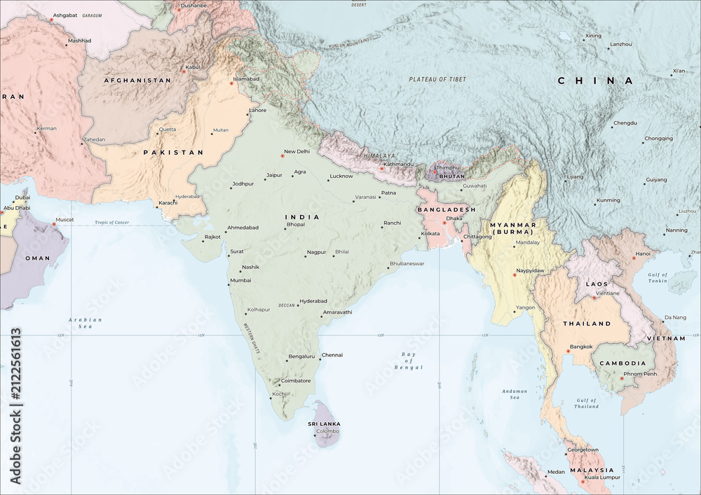 Fototapeta premium Highly Detailed Political and Physical Map of India with Shaded Relief and Neighboring Countries