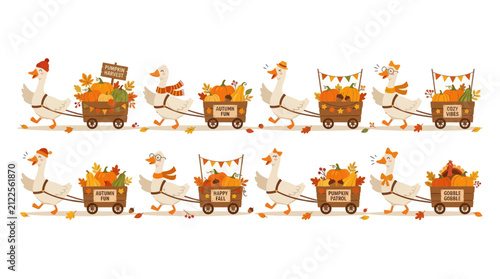 Cute cartoon geese pulling wooden wagons filled with pumpkins and autumn leaves for a festive fall harvest seasonal celebration design element