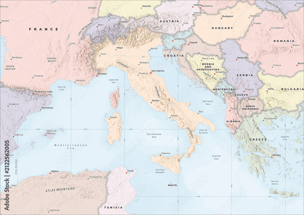 Naklejka premium Highly Detailed Political and Physical Map of Italy with Shaded Relief and Neighboring Countries