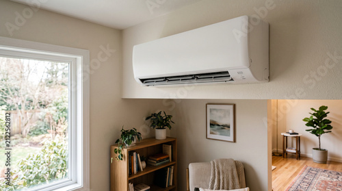 Wall mounted indoor heat pump air handler installed high on a room wall