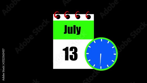 July month 13 date calendar icon animation. Animated Calendar Icon Showing Date Change with Clock Symbol Appointment Scheduling and Deadlines. Modern design calendar symbol background 4k video.