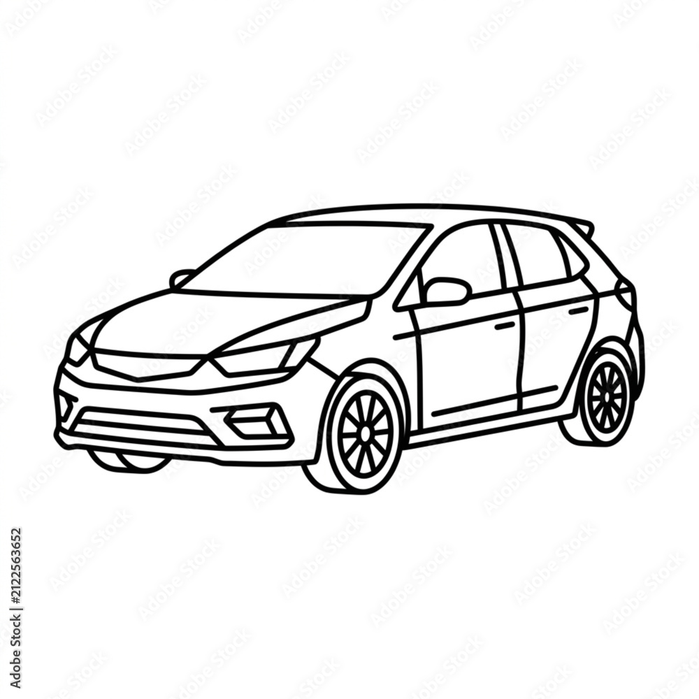 Fototapeta premium Black and white line drawing of a modern hatchback car.