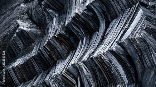 Abstract texture with dark gray and silver ridges, showcasing a detailed pattern of organic lines and sharp angles, evoking a sense of raw, natural formation and complex structure