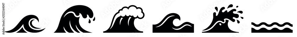 Fototapeta premium Ocean wave vector icons and symbols set featuring different stylized water wave shapes, surf wave elements, sea wave illustrations in black silhouette design for graphic projects and branding
