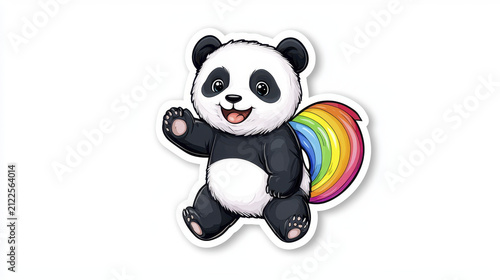 Cute panda sticker with colorful rainbow tail, showcasing joyful expression and playful pose. Perfect for decoration