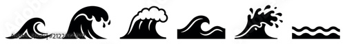 Ocean wave vector icons and symbols set featuring different stylized water wave shapes, surf wave elements, sea wave illustrations in black silhouette design for graphic projects and branding