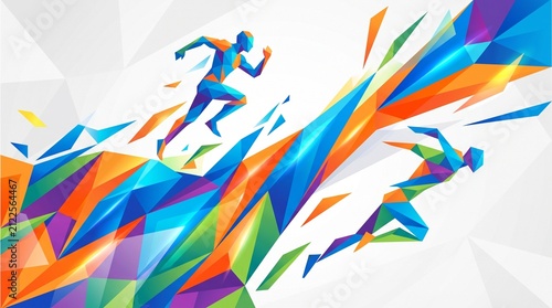 Abstract Low Poly Running Athletes Illustration with Vibrant Geometric Shapes